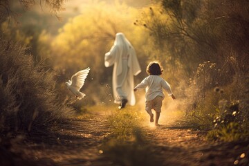 Little boy follow Jesus. - obrazy, fototapety, plakaty