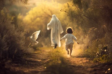 Fotobehang Little boy follow Jesus. © Bargais