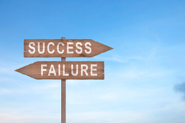Success, Failure Wooden Road Sign with Copy Room Over The Dramatic Clouds and Sky. Success or Failure concept.