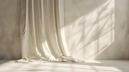 Elegant ivory Curtains in a Room with Sunlight Shadows on the Wall. Background for Product Presentation