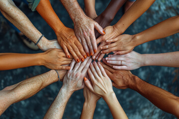 A group of hands joining together to form a circle of creativity, illustrating collaborative efforts in generating innovative ideas. Concept of collective ideation. Generative Ai.