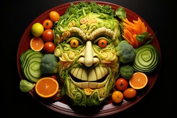 Plate vegetables face. Cute meal. Generate Ai