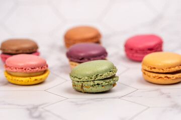 Bakery Still Life,Pastel Macarons,macarons arranged on background,food background. 