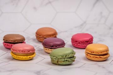 Bakery Still Life,Pastel Macarons,macarons arranged on background,food background. 