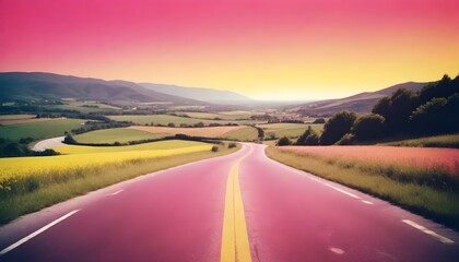 A road leading through a colorful landscape with fields on both sides during sunset