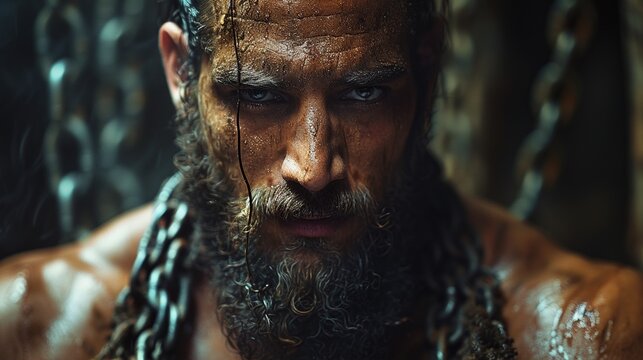 Strongest man Samson chained to the two pillars, Bible story.