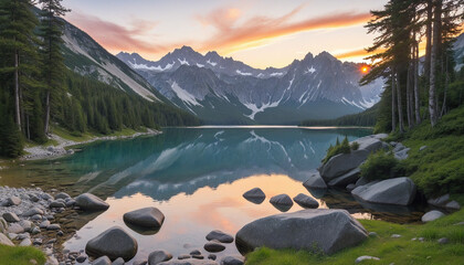Sunset over serene lake with rocky shoreline - obrazy, fototapety, plakaty