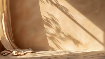 Elegant light brown Curtains in a Room with Sunlight Shadows on the Wall. Background for Product Presentation