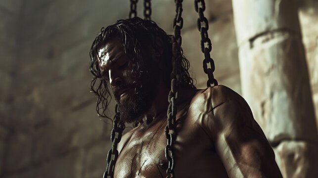 Strongest man Samson chained to the two pillars, Bible story.