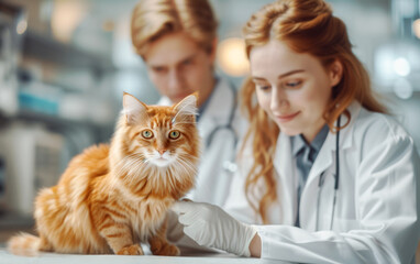 Young veterinarians examining a ginger cat at clinic