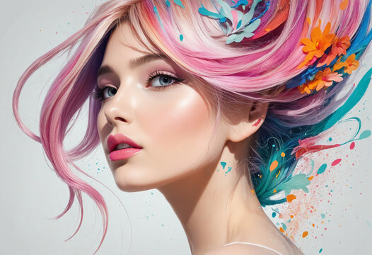 Woman profile with whimsical elements and splashes of color
