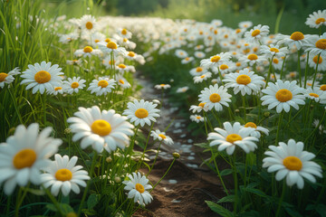 Fototapeta premium A field of daisies with a narrow pathway in the center, offering a whimsical and natural space for text. Concept of blooming pathways. Generative Ai.