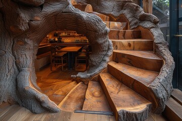 Wood log tree trunk spiral staircase.