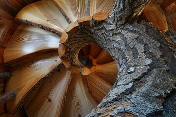 Wood log tree trunk spiral staircase.