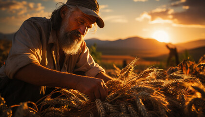 Senior men working on a farm, harvesting wheat in the sunset generated by AI
