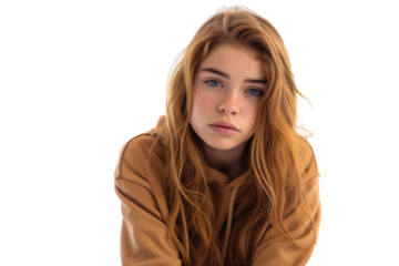 Thoughtful Teenage Girl in Casual Hoodie with a Contemplative Expression Isolated on Transparent Background