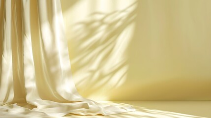 Elegant light yellow Curtains in a Room with Sunlight Shadows on the Wall. Background for Product Presentation