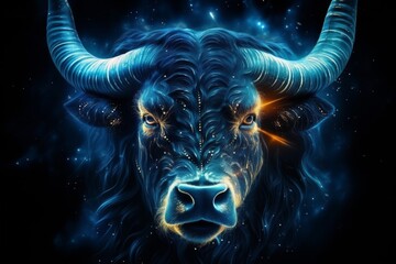 Astrological zodiac sign taurus sparkling in blue hue on dark isolated background