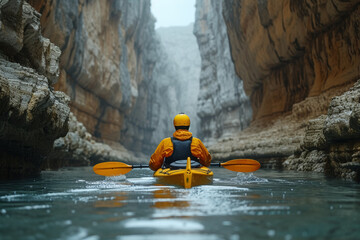 A photograph of a kayaker paddling through a narrow canyon with towering cliffs on either side,...