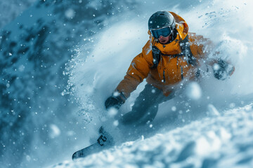 An image of a snowboarder carving through fresh powder on a pristine mountain slope, capturing the exhilaration and joy of winter sports. Concept of dynamic snowboarding adventures. Generative Ai.