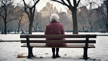 back view of modern old woman sitting on a bench in central park, winter time
