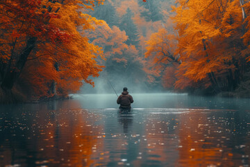 A shot of a fisherman casting a line into a tranquil lake surrounded by autumn foliage, capturing...