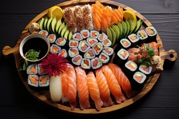 Platter sushi rolls. Seafood meal. Generate Ai
