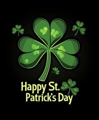 Greeting card with text Happy St. Patrick Day, green style, black background, clover Irish culture