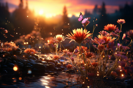 A surreal meadow bathed in soft, golden light where flowers take flight like butterflies, adding a touch of whimsy to the enchanting scene. Concept of airborne floral fantasies. Generative Ai.