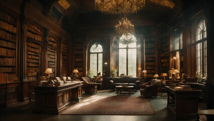 Majestatyczna biblioteka w ciepłych barwach domowego wnętrza - obrazy, fototapety, plakaty