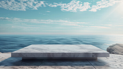 Minimalist Marble Platform Overlooking the Ocean with Clear Blue Sky