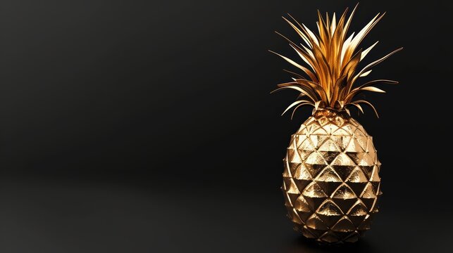 Golden pineapple made of gold against a dark background. Perfect for luxury branding and high-end product presentations, embodying exclusivity. Jewelry fruit. Banner with copy space