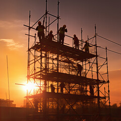 A silluet of the workers in the Building scaffolding.
