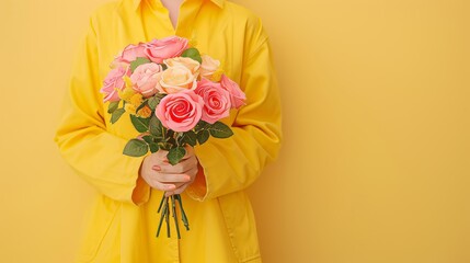 Close up of woman s hands holding vibrant bouquet of colorful roses with space for text placement