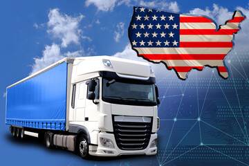 national flag of america, cargo van, blue sky, international trucking, cargo transportation...
