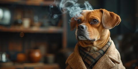 Cool dog in a suit, gangster businessman in a jacket and hat, with a cigar and smoke - obrazy, fototapety, plakaty