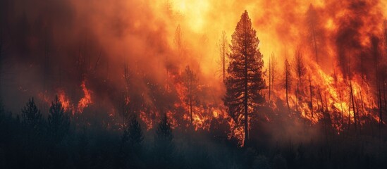 Tree burning in red and orange during a forest wildfire.