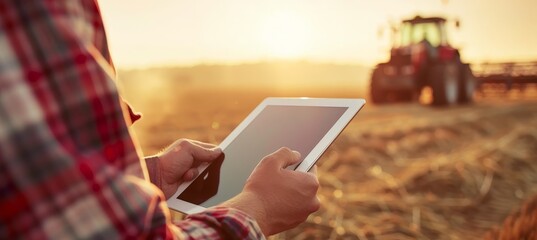 Farmer s hands using tablet in field with tractor and farm in background, copy space for text.