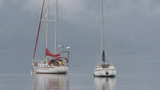 Tilting up to two boats near the Cowichan Bay Wharf on Vancouver Island in Cowichan Bay, British Columbia, Canada