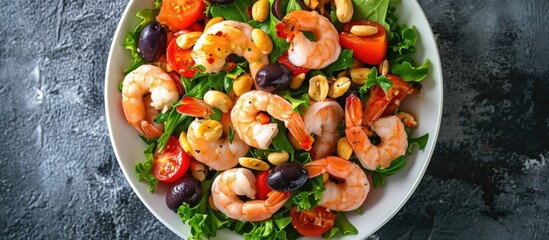 Top view of shrimp salad with tomatoes, olives, and cashews.