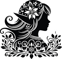 elf girl beauty silhouette, flowers ornament decoration, floral vector design. 