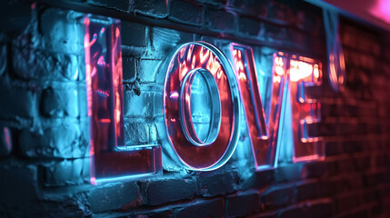 Glowing "Love" sign on a brick wall. For Valentine, day, Global Love Day. For web, application, ad, poster, banner, design