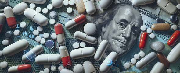 tablet bills and medication with money expenses for pharmaceutical treatment and invoices of healthcare and insurance coverage, also drug dealing or cure research labs concepts banner - obrazy, fototapety, plakaty
