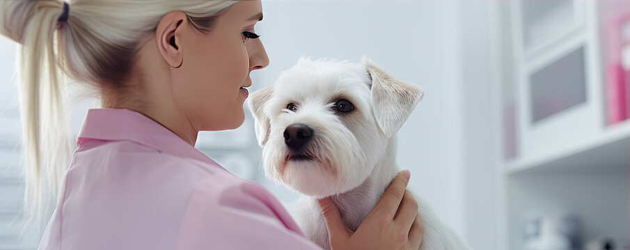 Veterinarian Examining white dog. Veterinary clinic