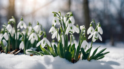 Closeup of beautiful delicate white snowdrop flower growing out of snow, harbingers of spring,...