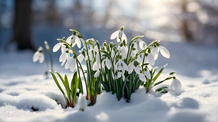 Closeup of beautiful delicate white snowdrop flower growing out of snow, harbingers of spring, seasonal template, background, banner, wallpaper 