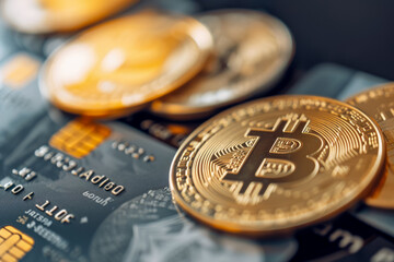 close-up of a cryptocurrency debit card. The card is sleek and modern, and there are other cards in the background