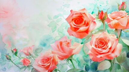 Watercolor painting of pink roses on a soft, pastel background, perfect for greeting cards and romantic themes.