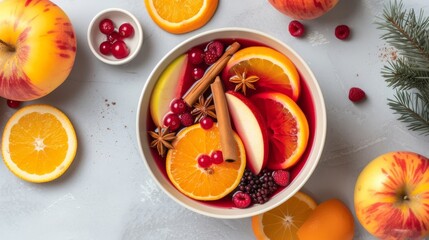 Bowl of mulled wine ingredients with citrus and berries, perfect for holiday and culinary concepts.