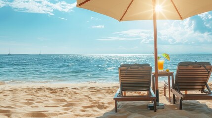 Obraz premium Two wooden beach chairs under an umbrella with a refreshing cocktail, overlooking a sunny seascape. Perfect for vacation and leisure concepts.